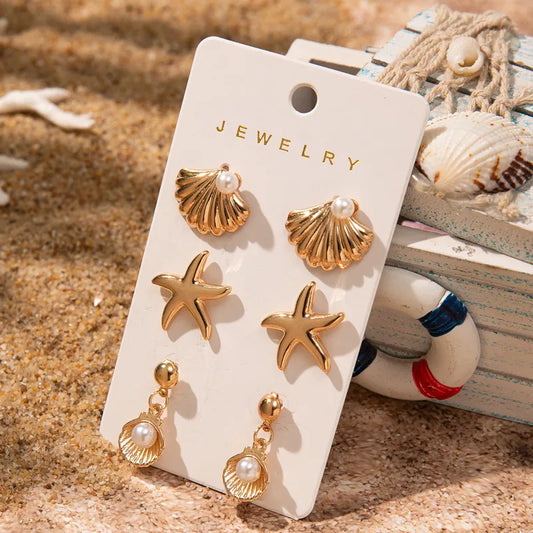 Shell, Starfish & Pearl Earrings - 3 Pack