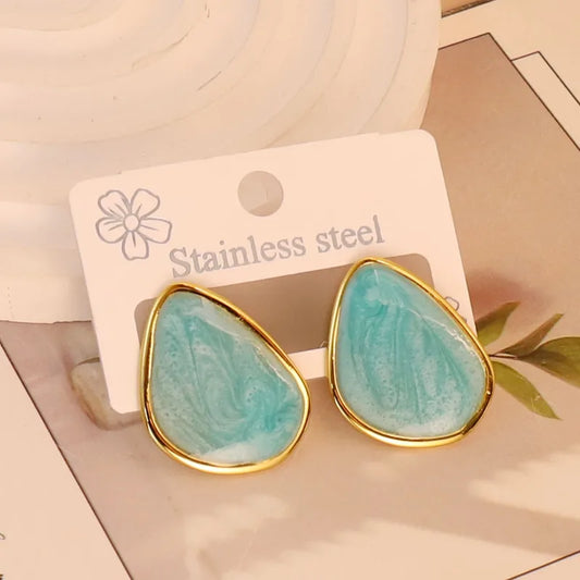 Marble Aqua Blue & Gold Teardrop Earrings